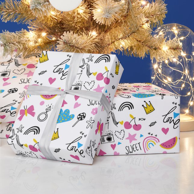 Cute Girly Unicorn Rainbow Hearts Whimsical Wrapping Paper (Holidays)