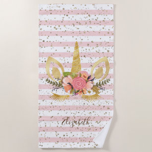 Cute Girly  Unicorn, Striped   -Personalised Beach Towel