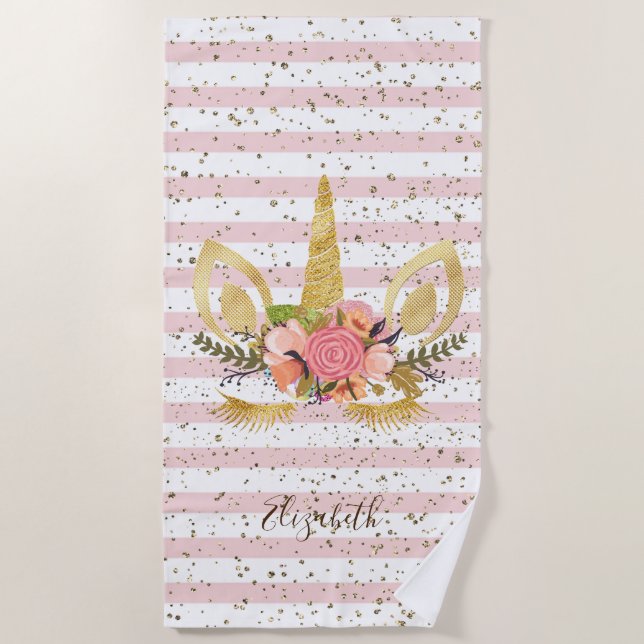 Cute Girly  Unicorn, Striped   -Personalised Beach Towel (Front)