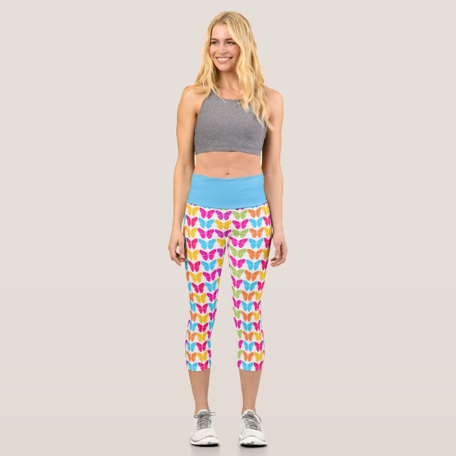 Cute Girly Vibrant Rainbow Butterfly Pattern  Capri Leggings (Front)