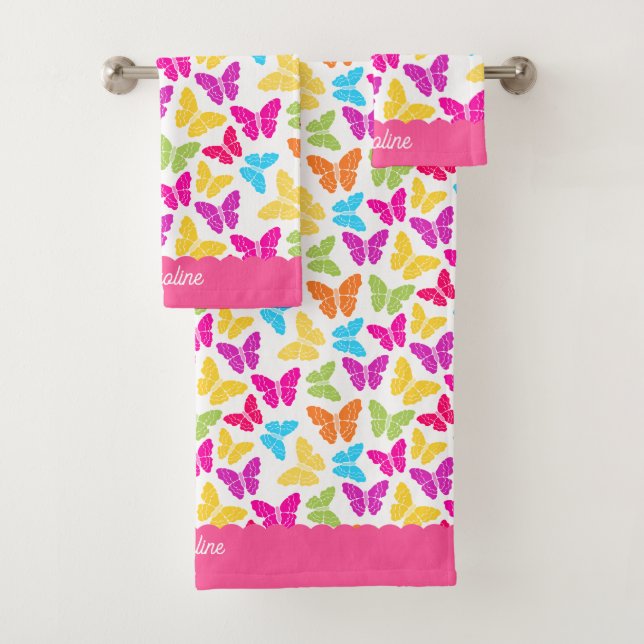 Cute Girly Vibrant Rainbow Butterfly Pattern Name Bath Towel Set (Insitu)