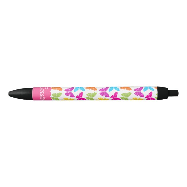 Cute Girly Vibrant Rainbow Butterfly Pattern Name Black Ink Pen (Front)