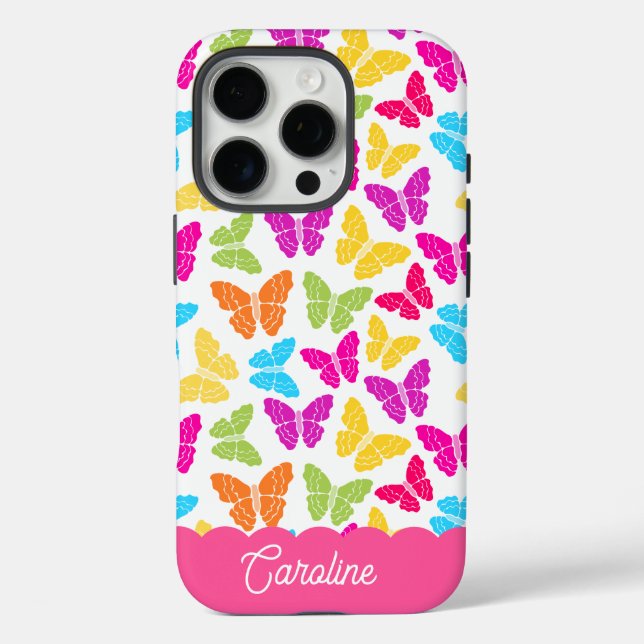 Cute Girly Vibrant Rainbow Butterfly Pattern Name Case-Mate iPhone Case (Back)