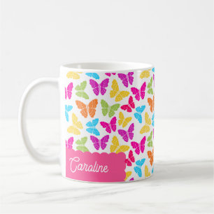 Cute Girly Vibrant Rainbow Butterfly Pattern Name Coffee Mug