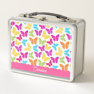 Cute Girly Vibrant Rainbow Butterfly Pattern Name Metal Lunch Box