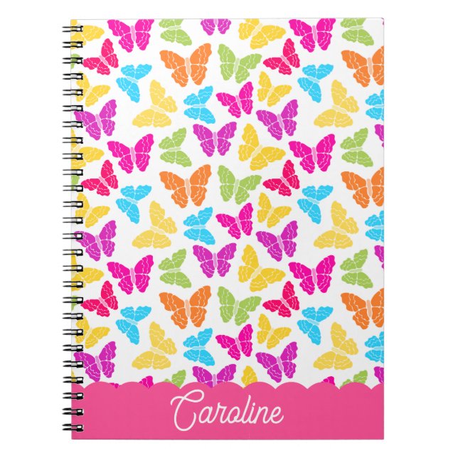 Cute Girly Vibrant Rainbow Butterfly Pattern Name Notebook (Front)