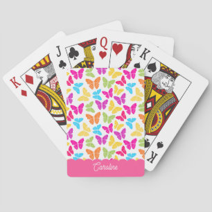 Cute Girly Vibrant Rainbow Butterfly Pattern Name Playing Cards