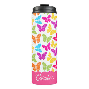 Cute Girly Vibrant Rainbow Butterfly Pattern Name Thermal Tumbler