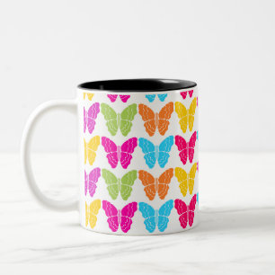 Cute Girly Vibrant Rainbow Butterfly Pattern Two-Tone Coffee Mug