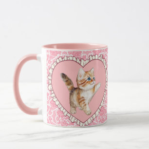 Cute Girly Vintage Pink Floral Mug Kitten Heart 