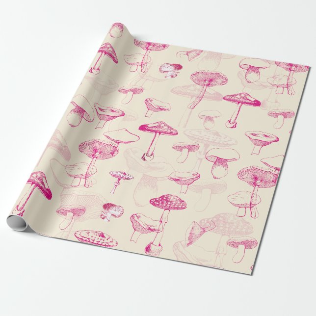 Cute Girly Vintage Pink Mushroom Pattern Wrapping Paper (Unrolled)