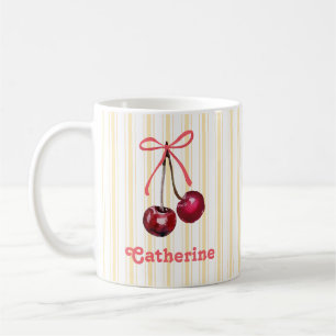 Cute Girly Watercolor Cherry Bow with Name  Coffee Mug
