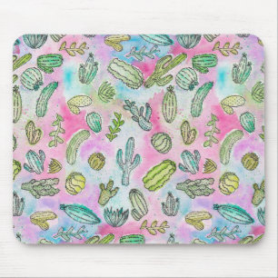 Cute Girly Watercolor Paint Summer Cactus Pattern Mouse Mat