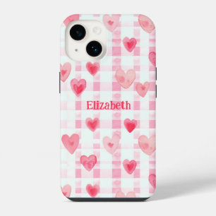 Cute Girly Watercolor Pink Hearts Name Personised iPhone 14 Case