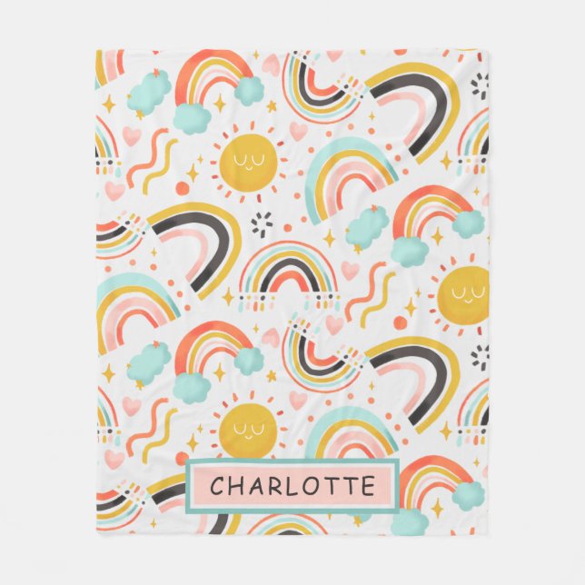 Cute Girly Whimsical Colourful Rainbow Heart Name Fleece Blanket (Front)