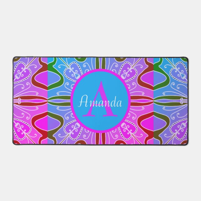 Cute Girly Whimsical Folk Art Pink Purple Blue Desk Mat (Front)