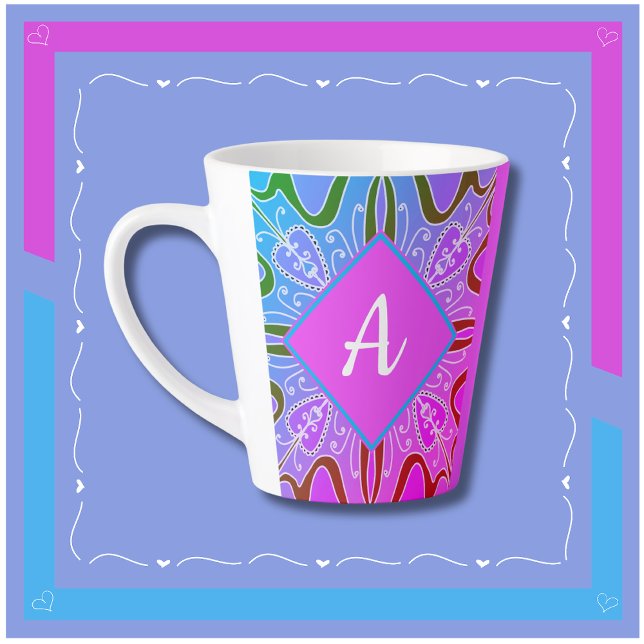 Cute Girly Whimsical Folk Art Pink Purple Blue Latte Mug (Pretty Personalized Mug in Pink, Purple and Blue. The Perfect Gift For Family and Friends!)