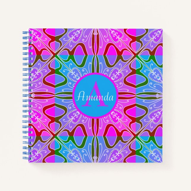 Cute Girly Whimsical Folk Art Pink Purple Blue Notebook (Front)