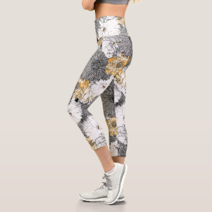 Cute Girly Yellow & Grey Floral Illustration Capri Leggings