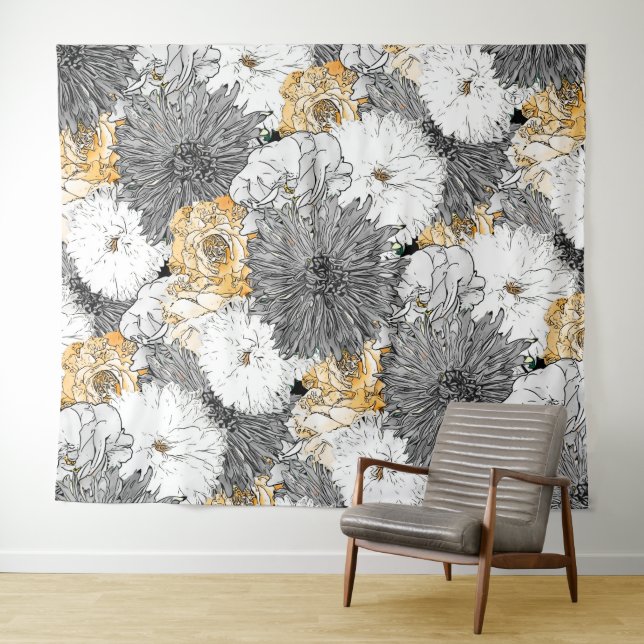 Cute Girly Yellow & Grey Floral Illustration Tapestry (In Situ (Horizontal))