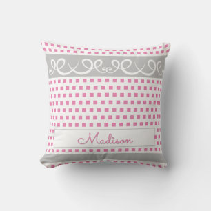 Cute Girly Your Name Pink & Gray Swirls & Squares Cushion
