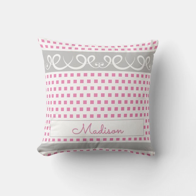 Cute Girly Your Name Pink & Gray Swirls & Squares Cushion (Front)