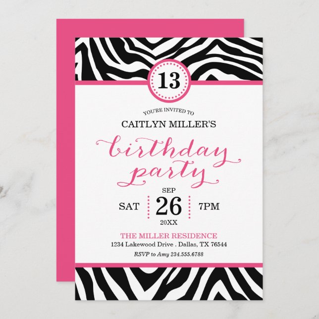Cute Girly Zebra Print Birthday Party Invitation (Front/Back)