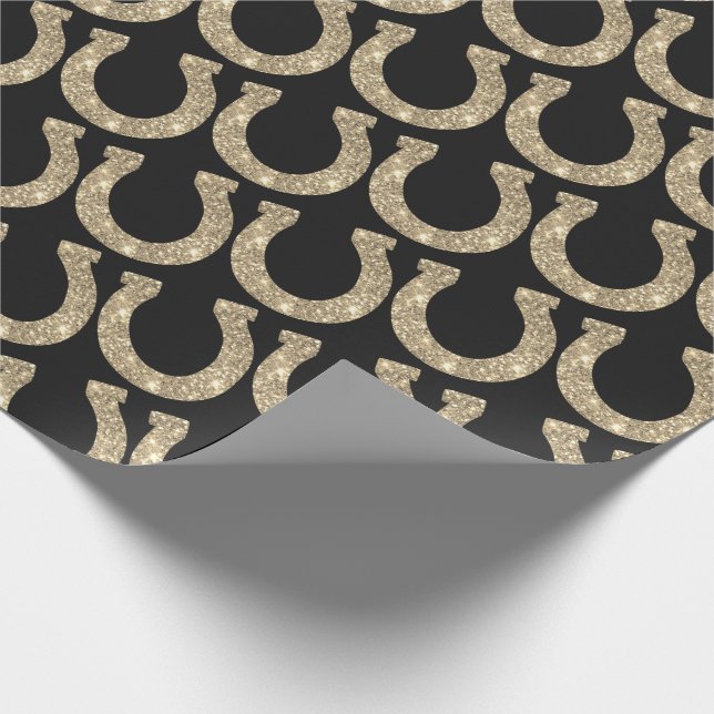 Cute Glam Horseshoe Gold Black Glitter Wrapping Paper (Corner)