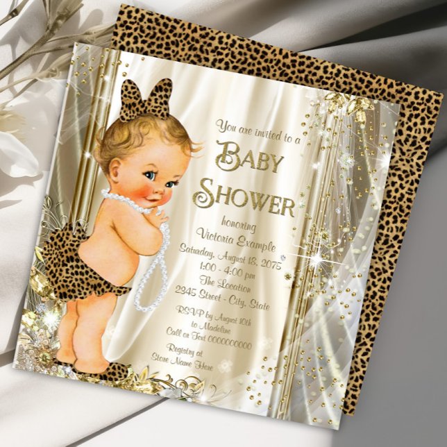 Cute Glam Leopard Girly Baby Girl Shower Invitation (Cute leopard baby girl shower invitation. Instant download and printed invitations available.)