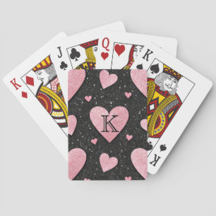 Cute Glam Pink Hearts on Black Glitter Monogram Playing Cards