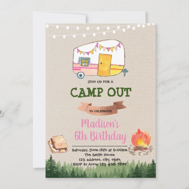 Cute glamping party birthday invitation (Front)