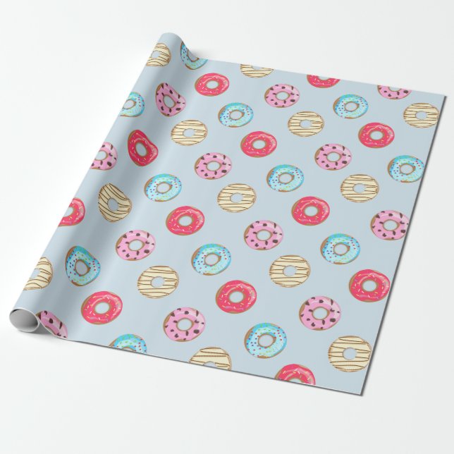 Cute Glazed Doughnut Pattern Light Blue Wrapping Paper (Unrolled)