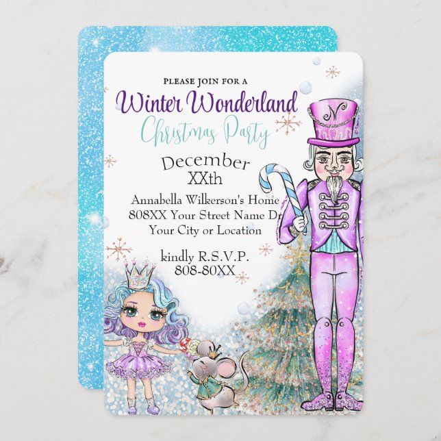 Cute Glitter Doll Nutcracker Christmas Party Invitation (Front/Back)