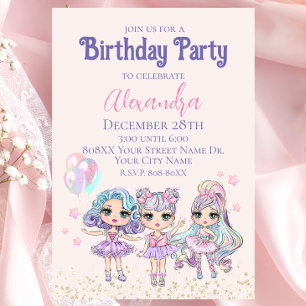 Cute Glitter Dolls Girl's Birthday Party Invitation