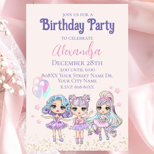 Cute Glitter Dolls Girl's Birthday Party Invitation (Creator Uploaded)