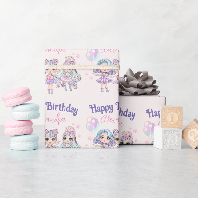 Cute Glitter Dolls Girl's Birthday Wrapping Paper (Baby Shower)