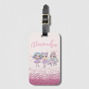 Cute Glitter Dolls Girl's Name on Pink Luggage Tag