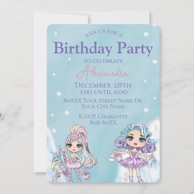 Cute Glitter Dolls Girl's Winter Birthday Invitation (Front)