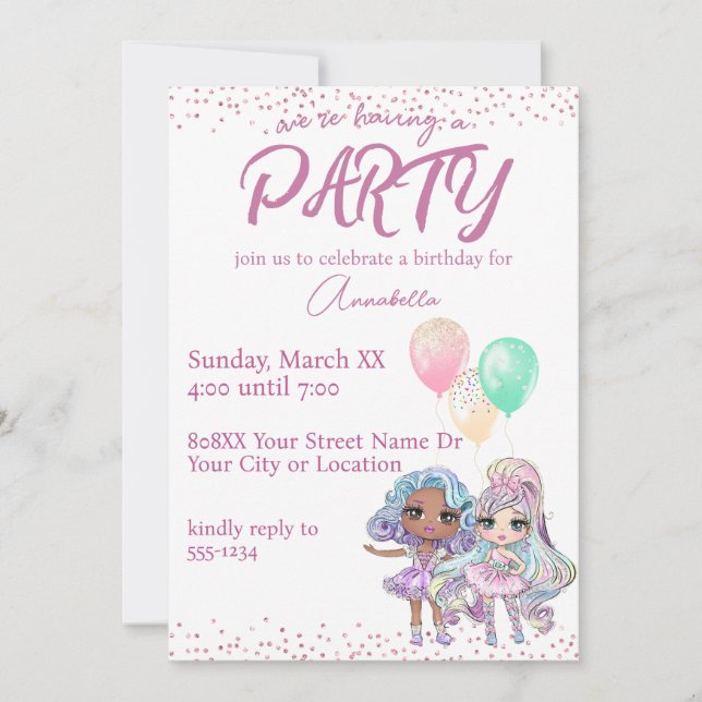 Cute Glitter Girl Dolls with Balloons Invitation (Front)