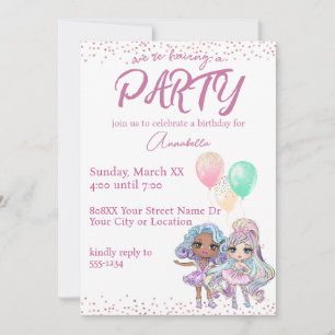 Cute Glitter Girl Dolls with Balloons Invitation