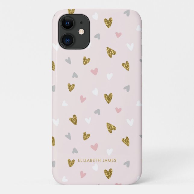Cute Glitter Gold Foil Heart Pink Personalised Case-Mate iPhone Case (Back)