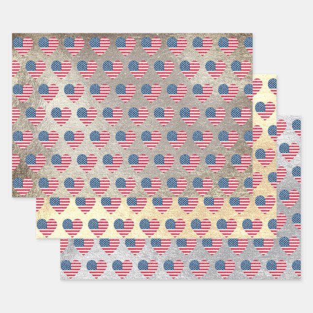   Cute Glitter Hearts Patriotic American USA Flag  Wrapping Paper Sheet (Set)