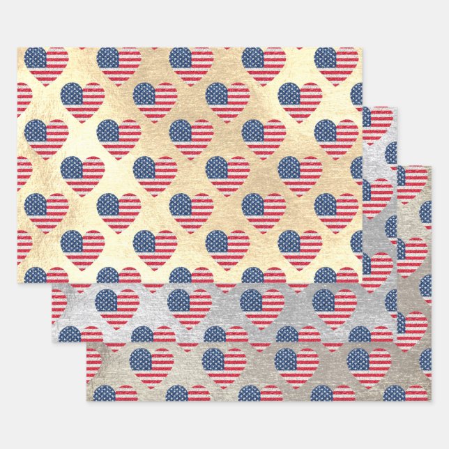   Cute Glitter Hearts Patriotic American USA Flag  Wrapping Paper Sheet (Set)