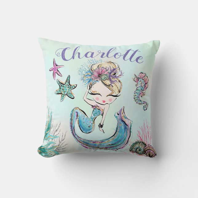 Cute Glitter Mermaid with Blonde Hair Custom Name Cushion (Front)