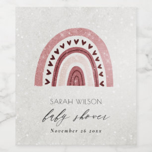 CUTE GLITTER PINK BLUSH HEART RAINBOW BABY SHOWER WINE LABEL