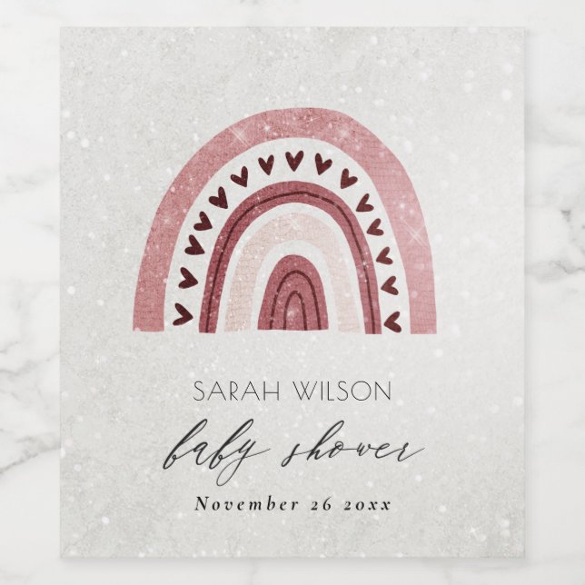 CUTE GLITTER PINK BLUSH HEART RAINBOW BABY SHOWER WINE LABEL (Single Label)