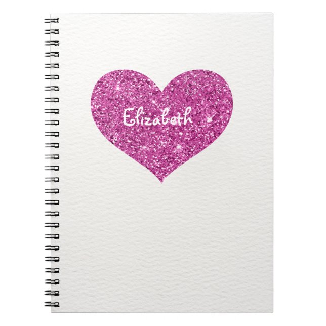 Cute Glitter Pink Heart Personalised Girly Name Notebook (Front)