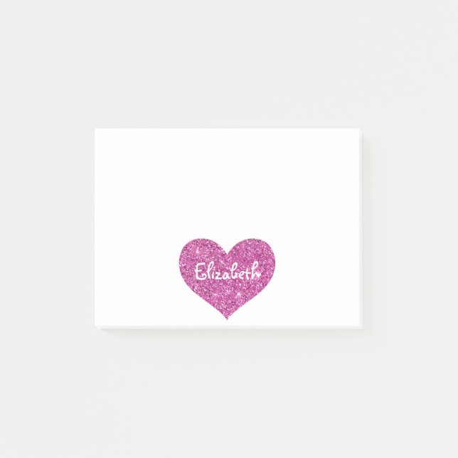 Cute Glitter Pink Heart Personalised Girly Name Post-it Notes (Front)