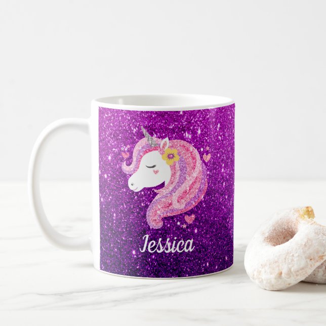 Cute Glitter Pink Purple Unicorn Coffee Mug (With Donut)