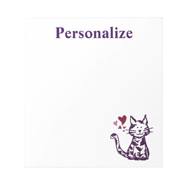 Cute Glitter Purple Cat with Pink and Red Hearts Notepad (Front)